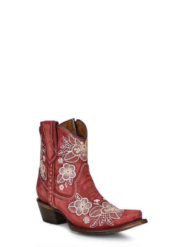 corral boots L5875 - WOMEN'S BONE FLORAL EMBROIDERY AND ZIPPER RED SNIP TOE ANKLE COWBOY BOOT