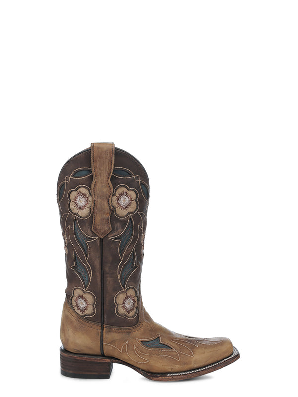 Corral Boots L6236 - WOMEN'S FLORAL SAND EMBROIDERY AND INLAY SQUARE TOE CIRCLE G COWBOY BOOT