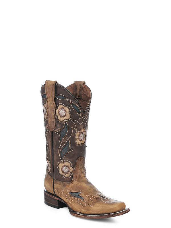 corral boots L6236 - WOMEN'S FLORAL SAND EMBROIDERY AND INLAY SQUARE TOE CIRCLE G COWBOY BOOT