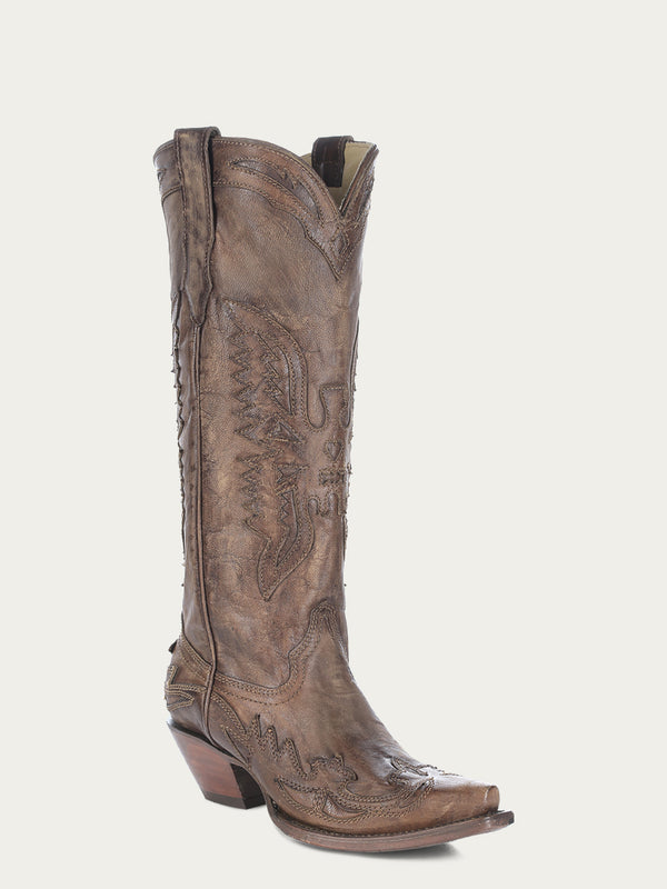 corral boots R2295 - WOMEN'S GOAT VINTAGE BROWN EAGLE OVERLAY SNIP TOE COWBOY BOOT