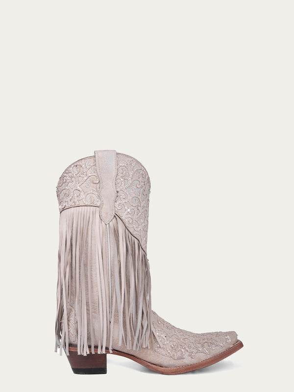 Corral Boots T0149 - TEEN'S GLITTER OVERLAY LAMB FRINGE WHITE SNIP TOE COWBOY BOOT