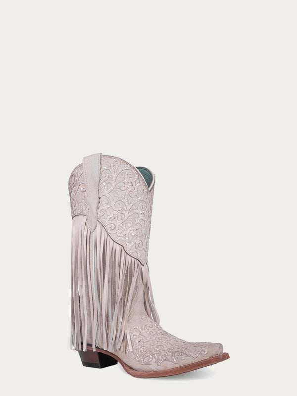 corral boots T0149 - TEEN'S GLITTER OVERLAY LAMB FRINGE WHITE SNIP TOE COWBOY BOOT