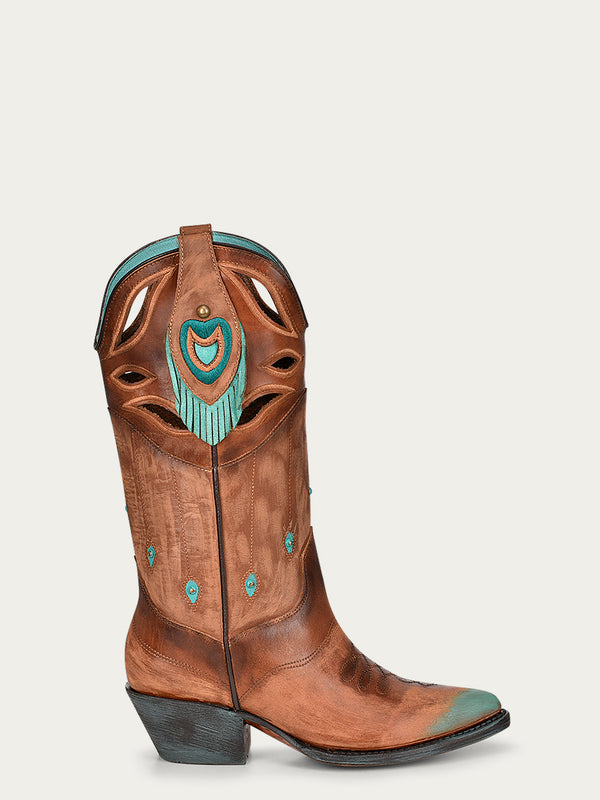 Corral Boots Z0148 - WOMEN'S CUTOUT EMBROIDERY STUDS AND FRINGES POINTED TOE BROWN COWBOY BOOT