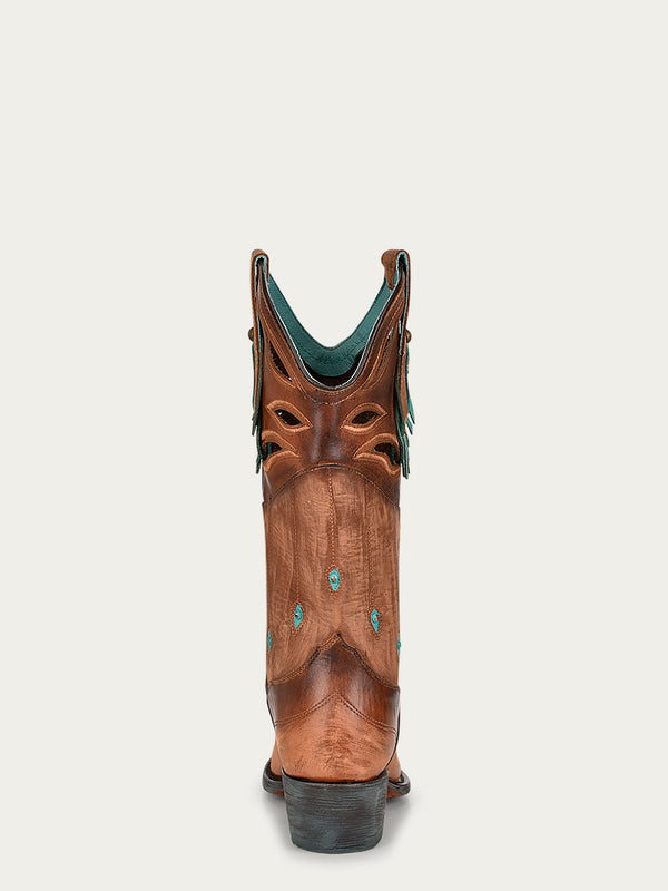 Corral Boots Z0148 - WOMEN'S CUTOUT EMBROIDERY STUDS AND FRINGES POINTED TOE BROWN COWBOY BOOT