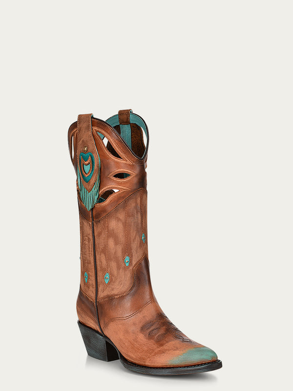 corral boots Z0148 - WOMEN'S CUTOUT EMBROIDERY STUDS AND FRINGES POINTED TOE BROWN COWBOY BOOT