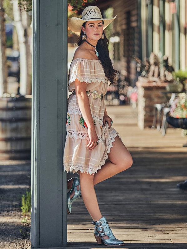 Corral Boots Z2028 - WOMEN'S SKY-BLUE METALIZED STRAPS AND STUDS POINTED TOE SHOE