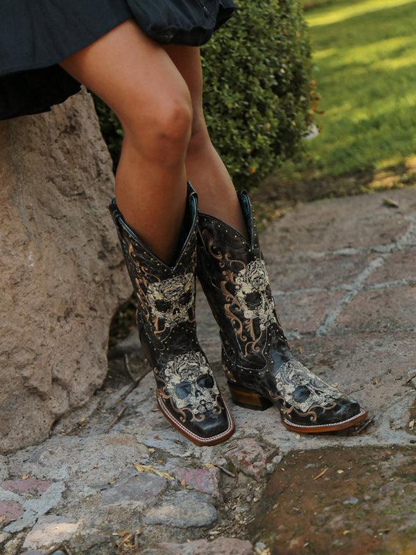 Corral Boots Z5005 - WOMEN'S BLACK AND WHITE FLORAL SUGAR SKULL SQUARE TOE COWBOY BOOT