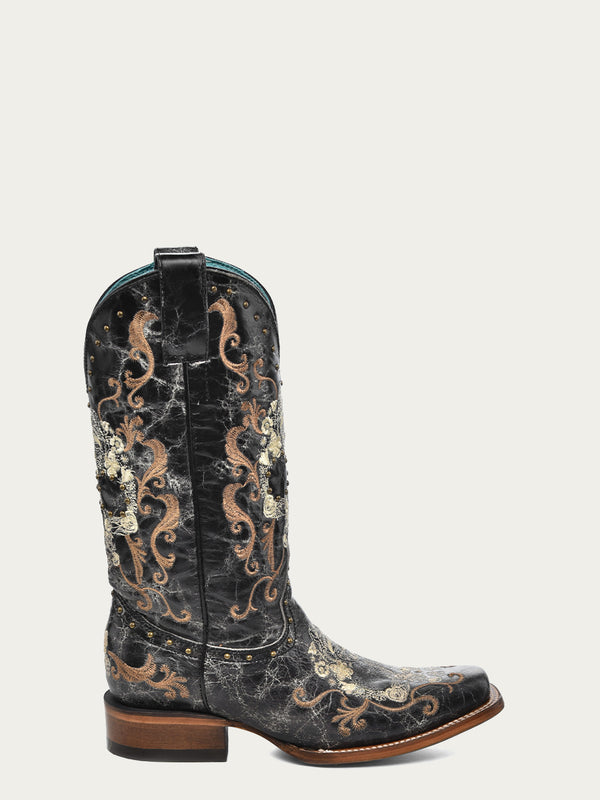 Corral Boots Z5005 - WOMEN'S BLACK AND WHITE FLORAL SUGAR SKULL SQUARE TOE COWBOY BOOT