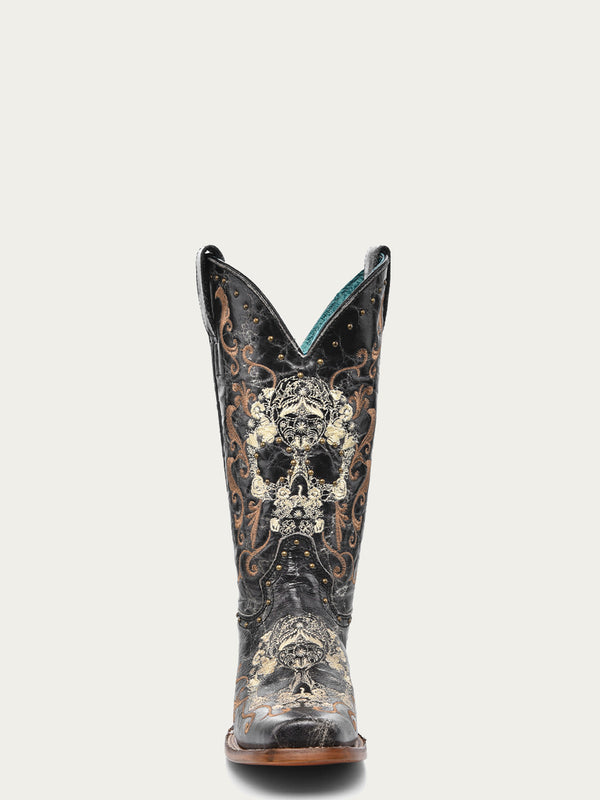 Corral Boots Z5005 - WOMEN'S BLACK AND WHITE FLORAL SUGAR SKULL SQUARE TOE COWBOY BOOT