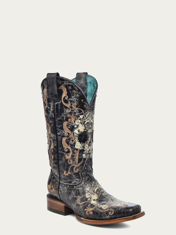 corral boots Z5005 - WOMEN'S BLACK AND WHITE FLORAL SUGAR SKULL SQUARE TOE COWBOY BOOT
