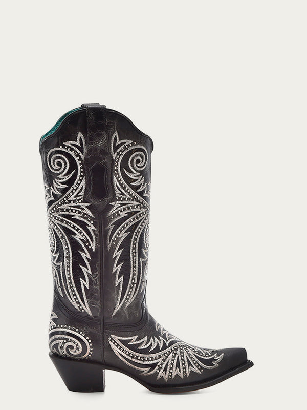 Corral Boots Z5209 - WOMEN'S WHITE EMBROIDERY OVERLAY AND STUDS BLACK SNIPT TOE COWBOY BOOT