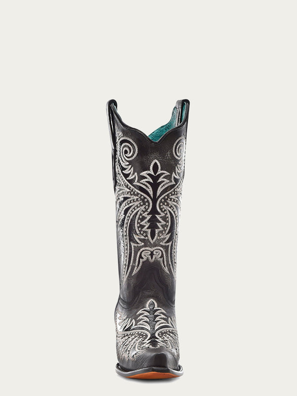 Corral Boots Z5209 - WOMEN'S WHITE EMBROIDERY OVERLAY AND STUDS BLACK SNIPT TOE COWBOY BOOT