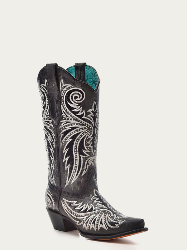 corral boots Z5209 - WOMEN'S WHITE EMBROIDERY OVERLAY AND STUDS BLACK SNIPT TOE COWBOY BOOT