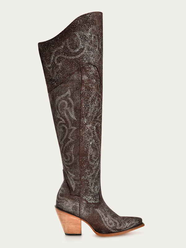 Corral Boots Z5242 - WOMEN'S BROWN-SILVER METALLIZED EMBROIDERY SCRUNCHABLE TALL TOP POINTED TOE COWBOY BOOT