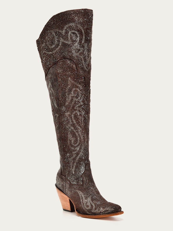 corral boots Z5242 - WOMEN'S BROWN-SILVER METALLIZED EMBROIDERY SCRUNCHABLE TALL TOP POINTED TOE COWBOY BOOT