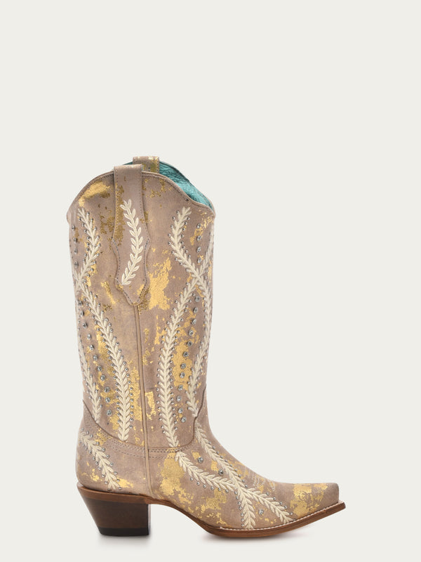 Corral Boots Z5246 - WOMEN'S WHITE EMBROIDERY WITH CRYSTALS AND STUDS TAN WITH GOLD TOUCHES SNIP TOE COWBOY BOOT