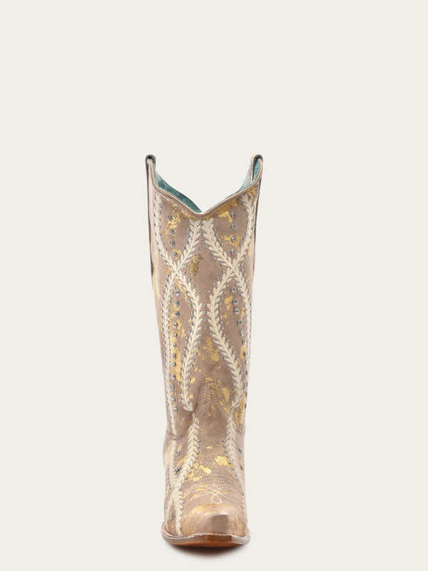 Corral Boots Z5246 - WOMEN'S WHITE EMBROIDERY WITH CRYSTALS AND STUDS TAN WITH GOLD TOUCHES SNIP TOE COWBOY BOOT