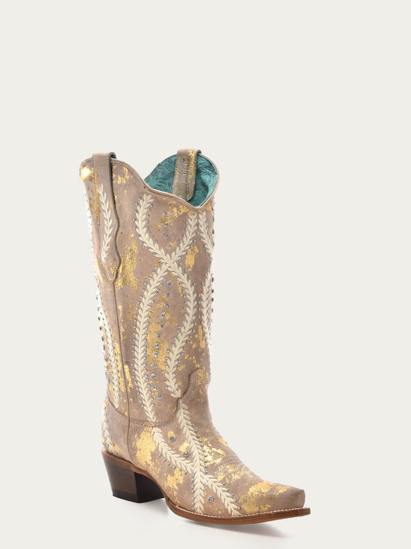 corral boots Z5246 - WOMEN'S WHITE EMBROIDERY WITH CRYSTALS AND STUDS TAN WITH GOLD TOUCHES SNIP TOE COWBOY BOOT