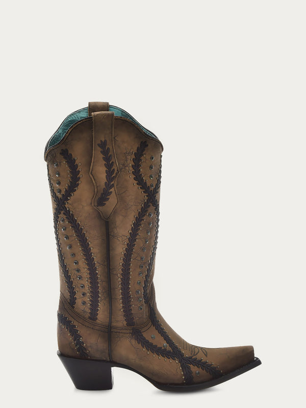 Corral Boots Z5247 - WOMEN'S BLACK EMBROIDERY WITH CRYSTALS AND STUDS BROWN SNIP TOE COWBOY BOOT