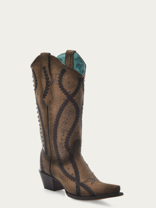 corral boots Z5247 - WOMEN'S BLACK EMBROIDERY WITH CRYSTALS AND STUDS BROWN SNIP TOE COWBOY BOOT