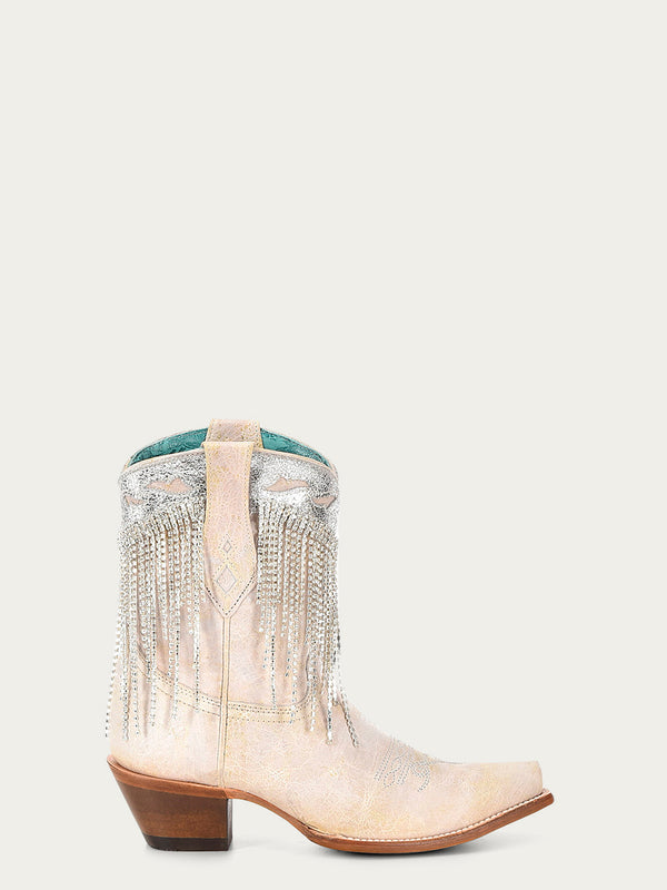 Corral Boots Z5250 - WOMEN'S CRYSTALS FRINGE WHITE AND SILVER SNIP TOE ANKLE BOOT