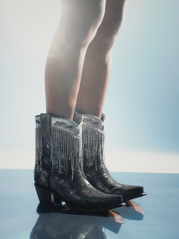 Corral Boots Z5252-WOMEN'S CRYSTALS FRINGE BLACK AND SILVER SNIP TOE ANKLE BOOT