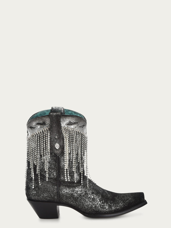 Corral Boots Z5252-WOMEN'S CRYSTALS FRINGE BLACK AND SILVER SNIP TOE ANKLE BOOT