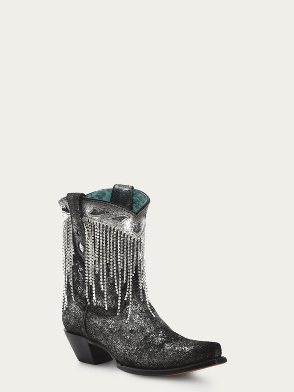 corral boots Z5252-WOMEN'S CRYSTALS FRINGE BLACK AND SILVER SNIP TOE ANKLE BOOT