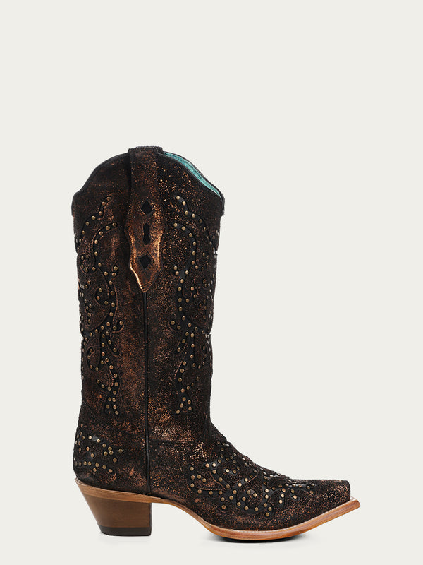 Corral Boots Z5260 - WOMEN'S LASER BLACK EMBROIDERY AND STUDS COPPER SNIP TOE COWBOY BOOT