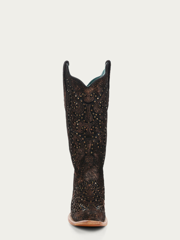 Corral Boots Z5260 - WOMEN'S LASER BLACK EMBROIDERY AND STUDS COPPER SNIP TOE COWBOY BOOT