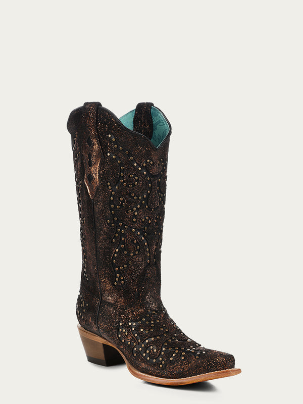 corral boots Z5260 - WOMEN'S LASER BLACK EMBROIDERY AND STUDS COPPER SNIP TOE COWBOY BOOT