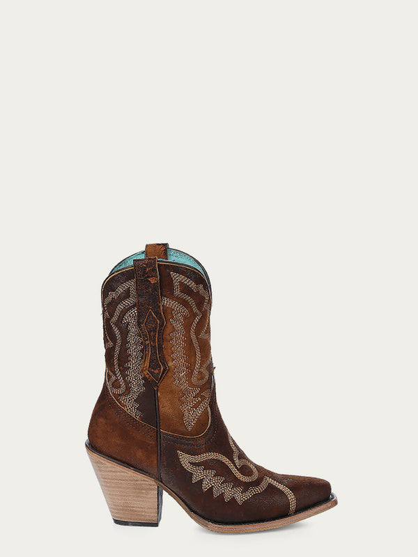 Corral Boots Z5272 - WOMEN'S EMBROIDERY BROWN LAMB POINTED TOE COWBOY ANKLE BOOT