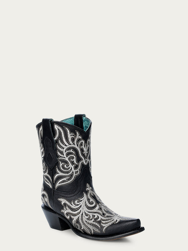 corral boots Z5305 - WOMEN'S WHITE EMBROIDERY BLACK ANKLE SNIP TOE COWBOY BOOT
