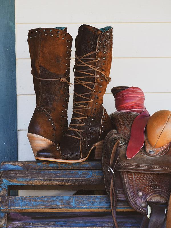Corral Boots Z5321 - WOMEN'S LACE UP STUDS WIDE CALF POINTED TOE BROWN COWBOY BOOT WITH ZIPPER