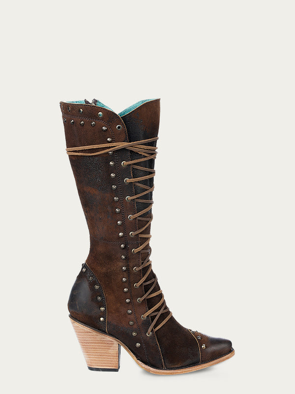 Corral Boots Z5321 - WOMEN'S LACE UP STUDS WIDE CALF POINTED TOE BROWN COWBOY BOOT WITH ZIPPER