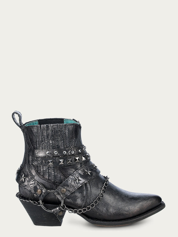 Corral Boots Z5333 - WOMEN'S STRAPS AND SILVER STUDS WITH HARNESS BLACK ANKLE POINTED TOE COWBOY BOOT