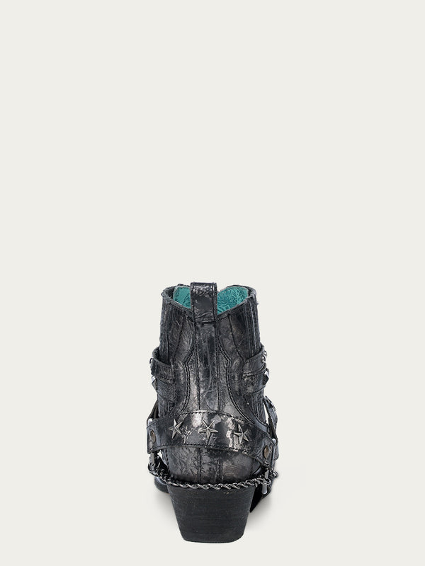 Corral Boots Z5333 - WOMEN'S STRAPS AND SILVER STUDS WITH HARNESS BLACK ANKLE POINTED TOE COWBOY BOOT