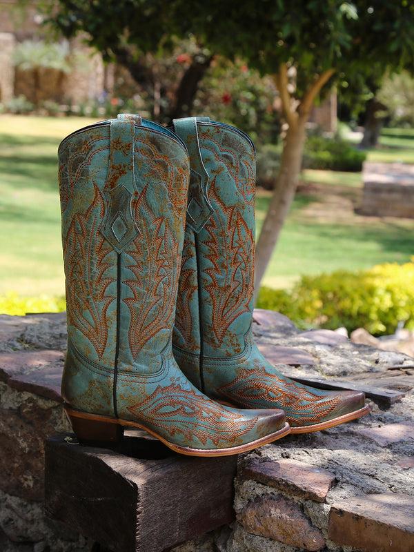 Corral Boots Z5345 - WOMEN'S EMBROIDERY VINTAGE WORN FINISH TURQUOISE SNIP TOE GOAT COWBOY BOOT