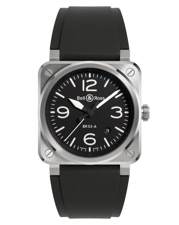 cortina Bell & Ross BR 03 BLACK STEEL 41mm Satin-Polished Steel Case Black Dial Black Rubber Strap