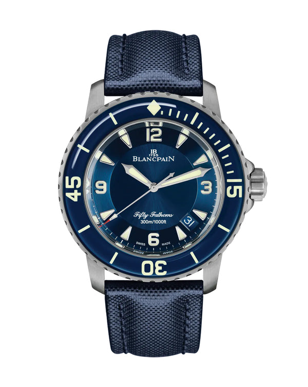 cortina Blancpain Fifty Fathoms Automatique 45mm Titanium Case Blue Dial Blue Canvas Strap