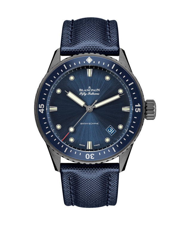 cortina Blancpain Fifty Fathoms Bathyscaphe 43.6mm Ceramic Case Blue Dial Blue Canvas Strap