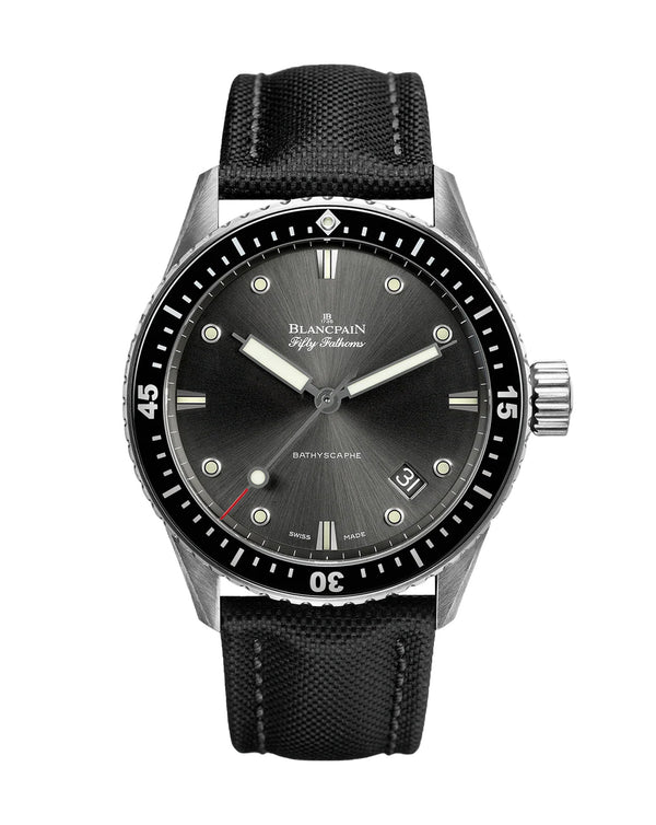 cortina Blancpain Fifty Fathoms Bathyscaphe 43mm Steel Case Grey Dial Black Canvas Strap
