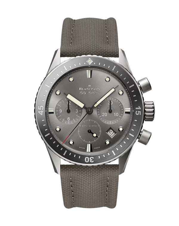 cortina Blancpain Fifty Fathoms Bathyscaphe Chronographe Flyback 43mm Titanium Case Grey Dial Grey Canvas Strap