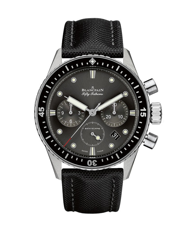 cortina Blancpain Fifty Fathoms Bathyscaphe Chronographe Flyback 43mm Steel Case Black Dial Black Canvas Strap