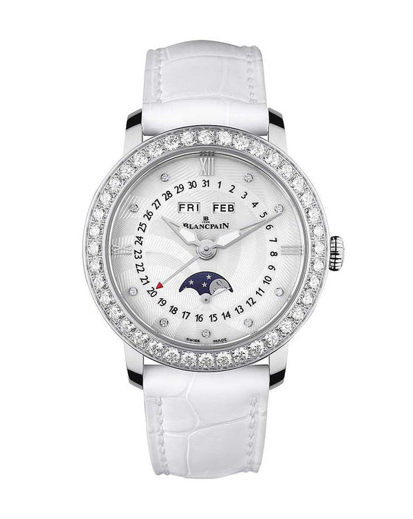 cortina Blancpain Ladybird Quantième Complet 35mm Steel Case White Dial White Leather Strap