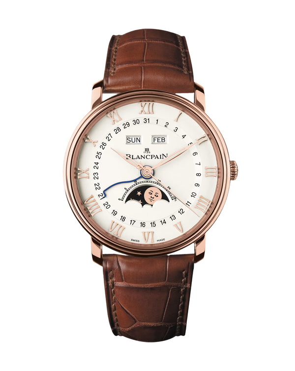 cortina Blancpain Villeret Quantième Complet 40mm Red Gold Case White Dial Brown Leather Strap
