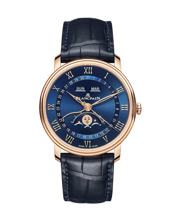 cortina Blancpain Villeret Quantième Complet 40mm Red Gold Case Blue Dial Blue Leather Strap