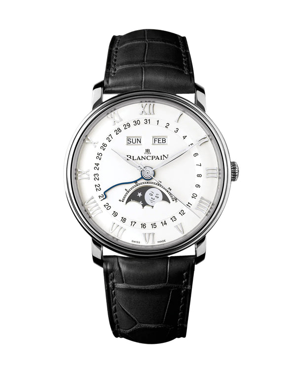 cortina Blancpain Villeret Quantième Complet 40mm Steel Case White & Silver Dial Black Leather Strap
