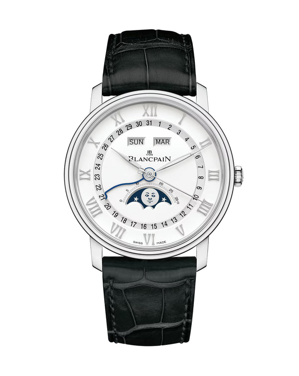 cortina Blancpain Villeret Quantième Complet 40mm Steel Case White & Blue Dial Black Leather Strap