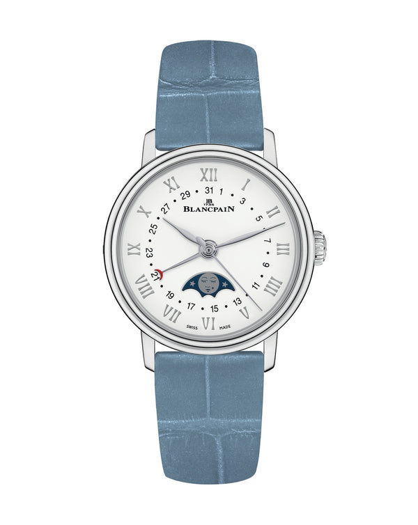 cortina Blancpain Villeret Quantième Phases De Lune 29.2mm Steel Case White Dial Blue Leather Strap